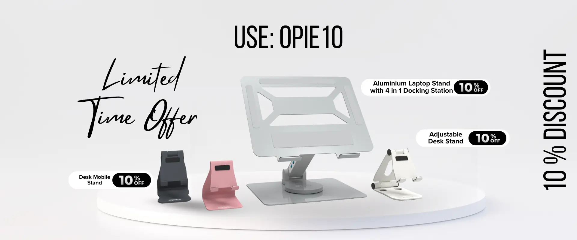 A collection of Opie's premium tech accessories, including laptop stands and mobile stands, displayed to enhance productivity and comfort.