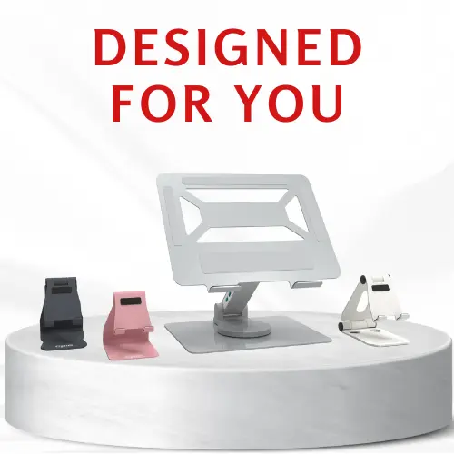 A curated collection of Opie products, including the mobile desk stand, top adjustable mobile stand, and our hero laptop stand with an in-built docking station.