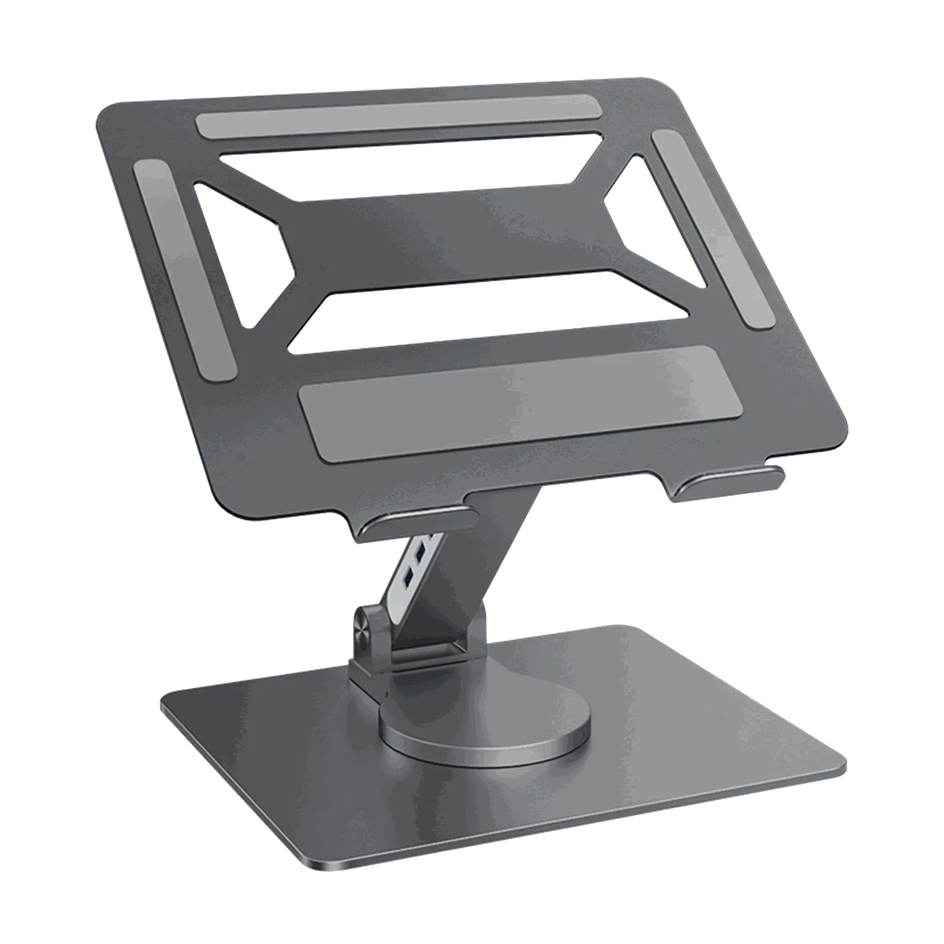 Dark grey Opie laptop stand with a built-in 4-in-1 docking station, symbolizing our commitment to quality and functionality.