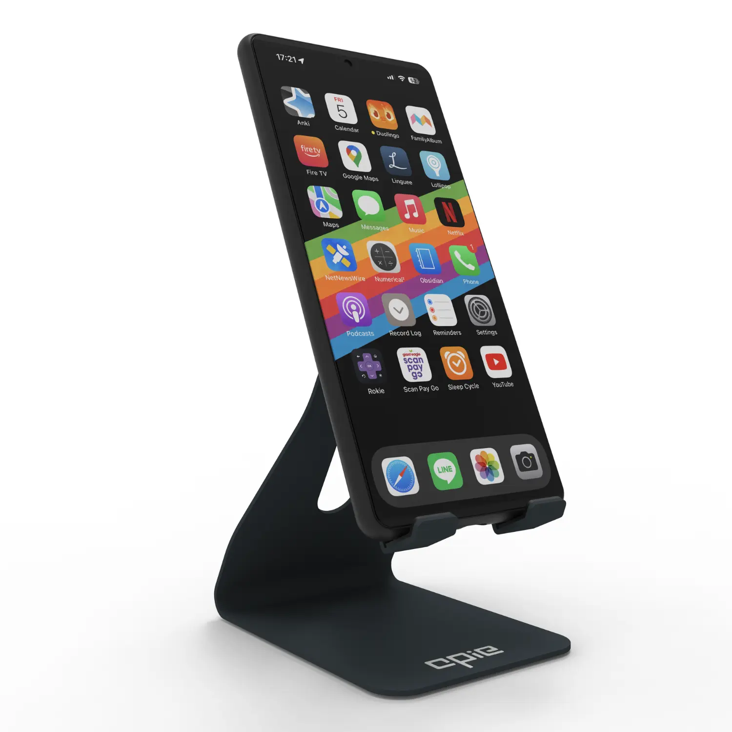 Black adjustable desk mobile stand holding a smartphone, showcasing the sleek and minimalist design of Opie accessories.