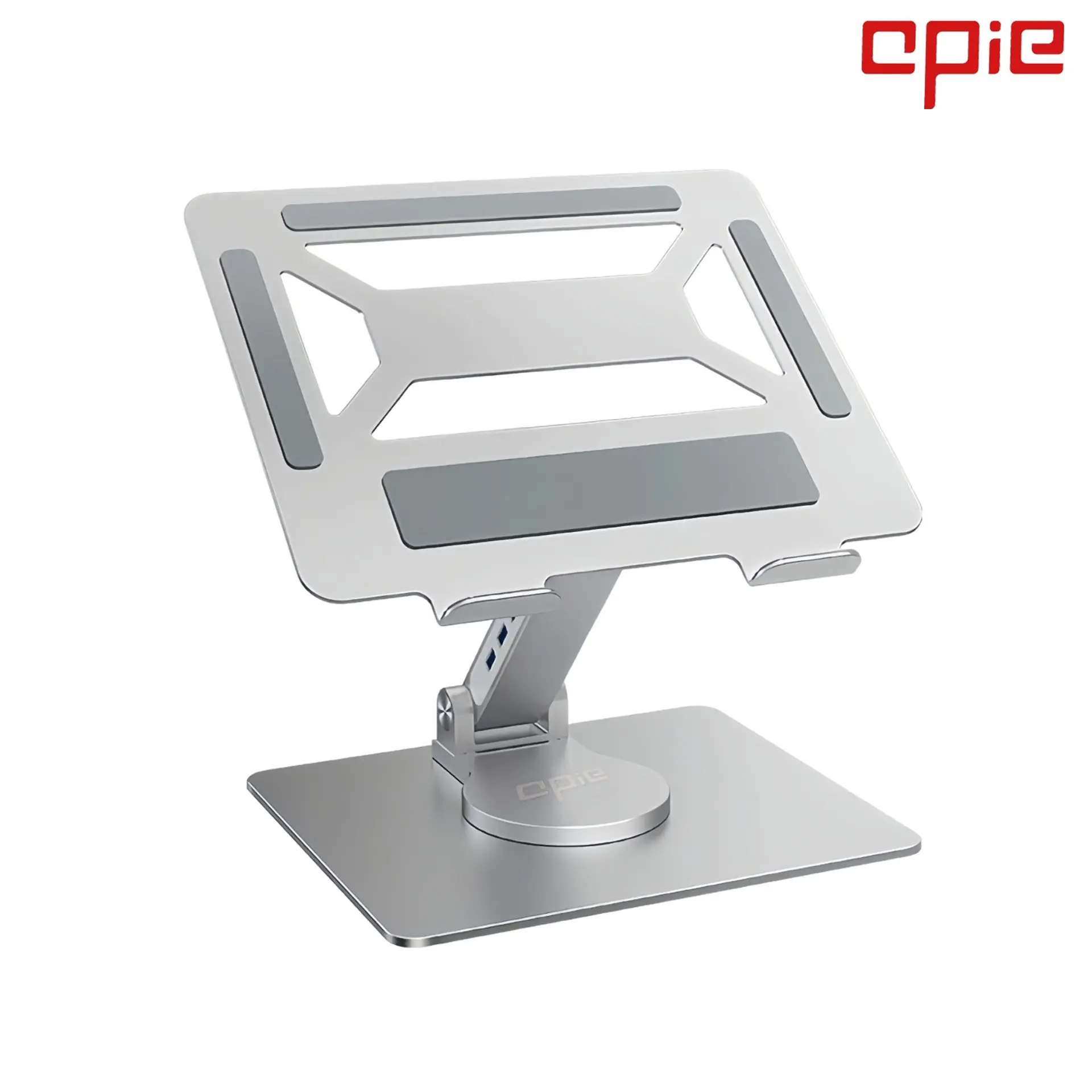 Sleek silver Opie laptop stand with an integrated 4-in-1 USB hub and docking station.