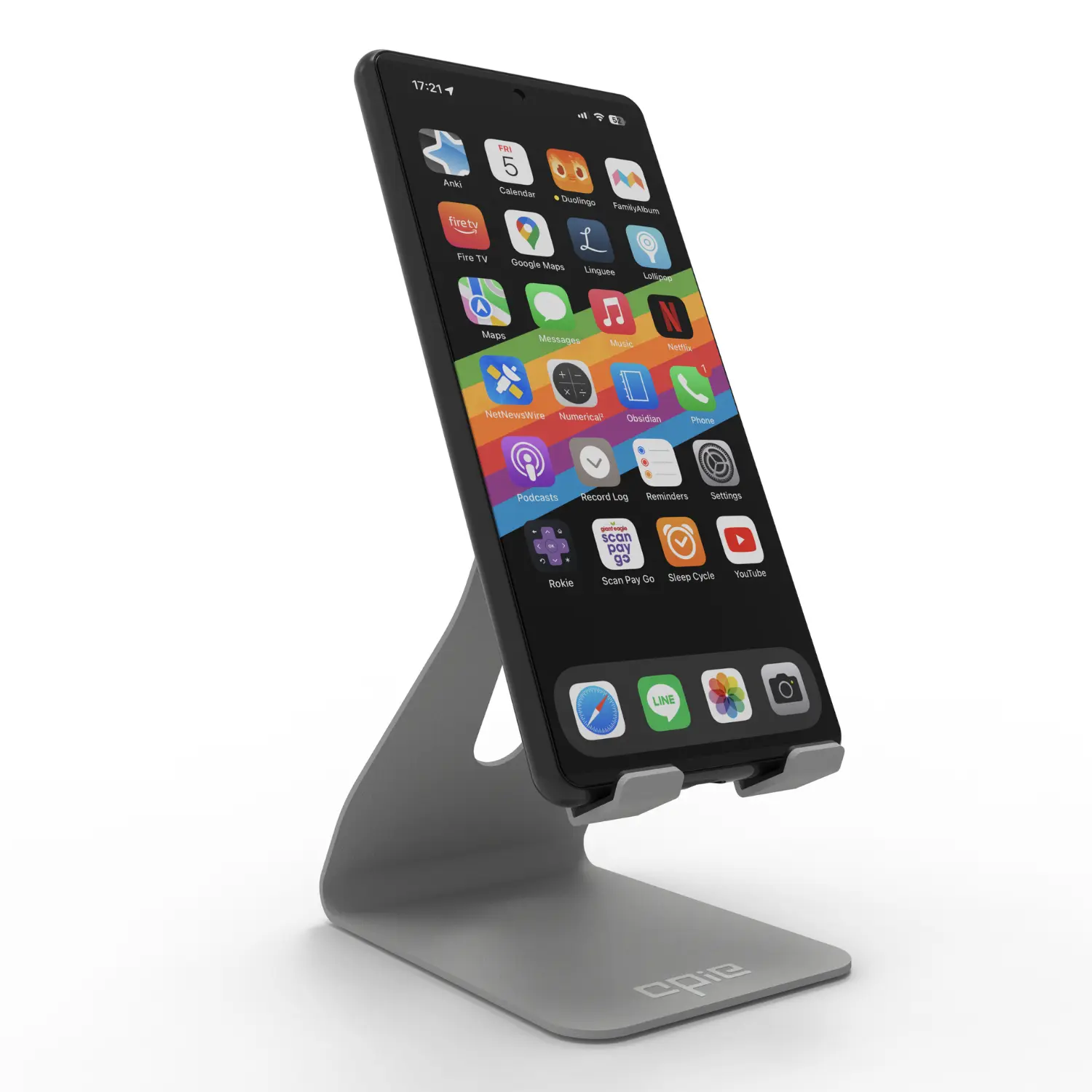 Metallic silver Opie adjustable desk mobile stand with a phone, designed for stability and style.